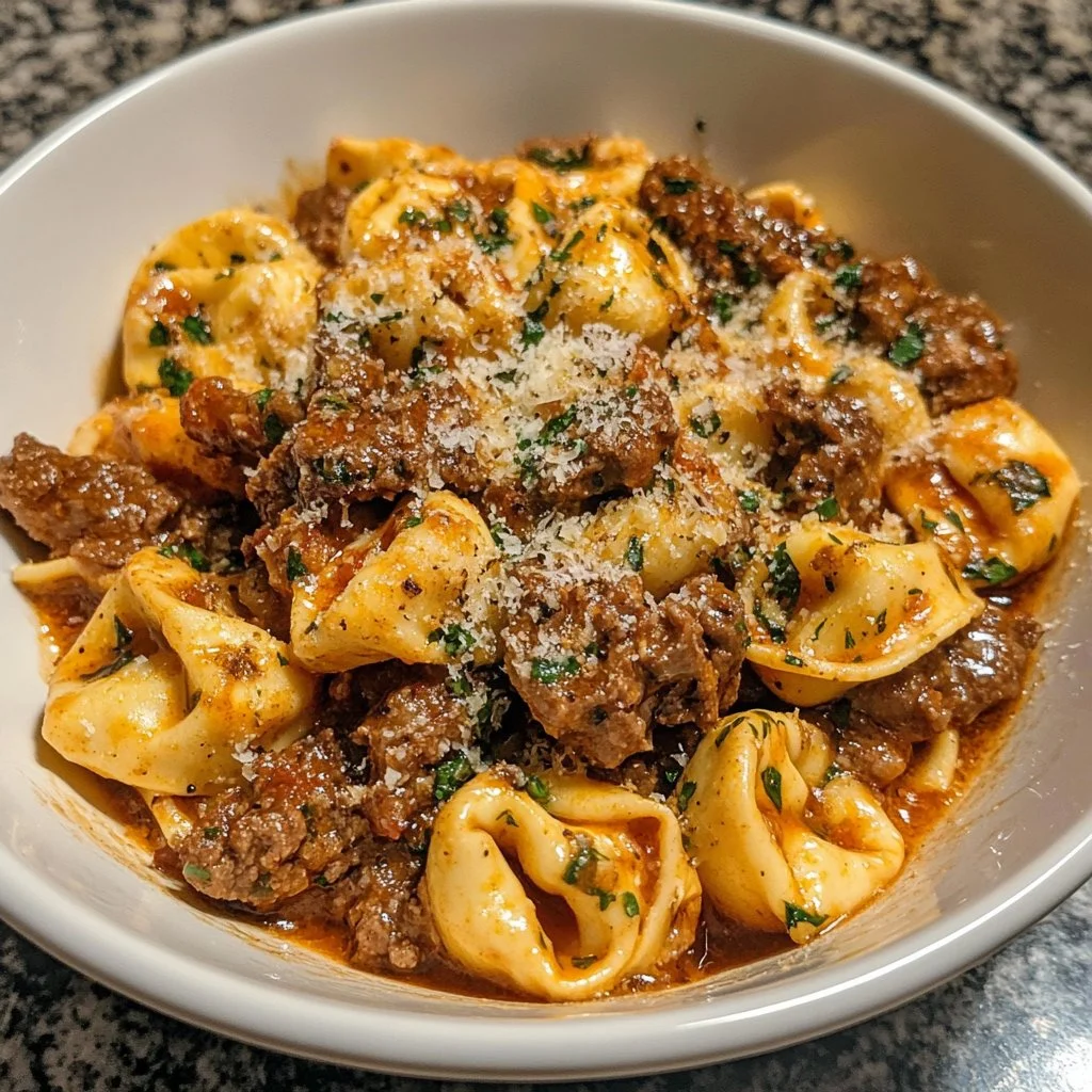 Bowl of Crock Pot Cheesesteak Tortellini garnished with herbs