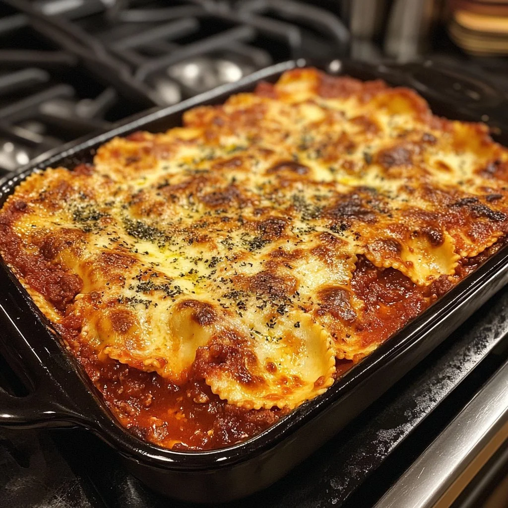 Delicious Crockpot Ravioli Lasagna served in a bowl with cheese and herbs