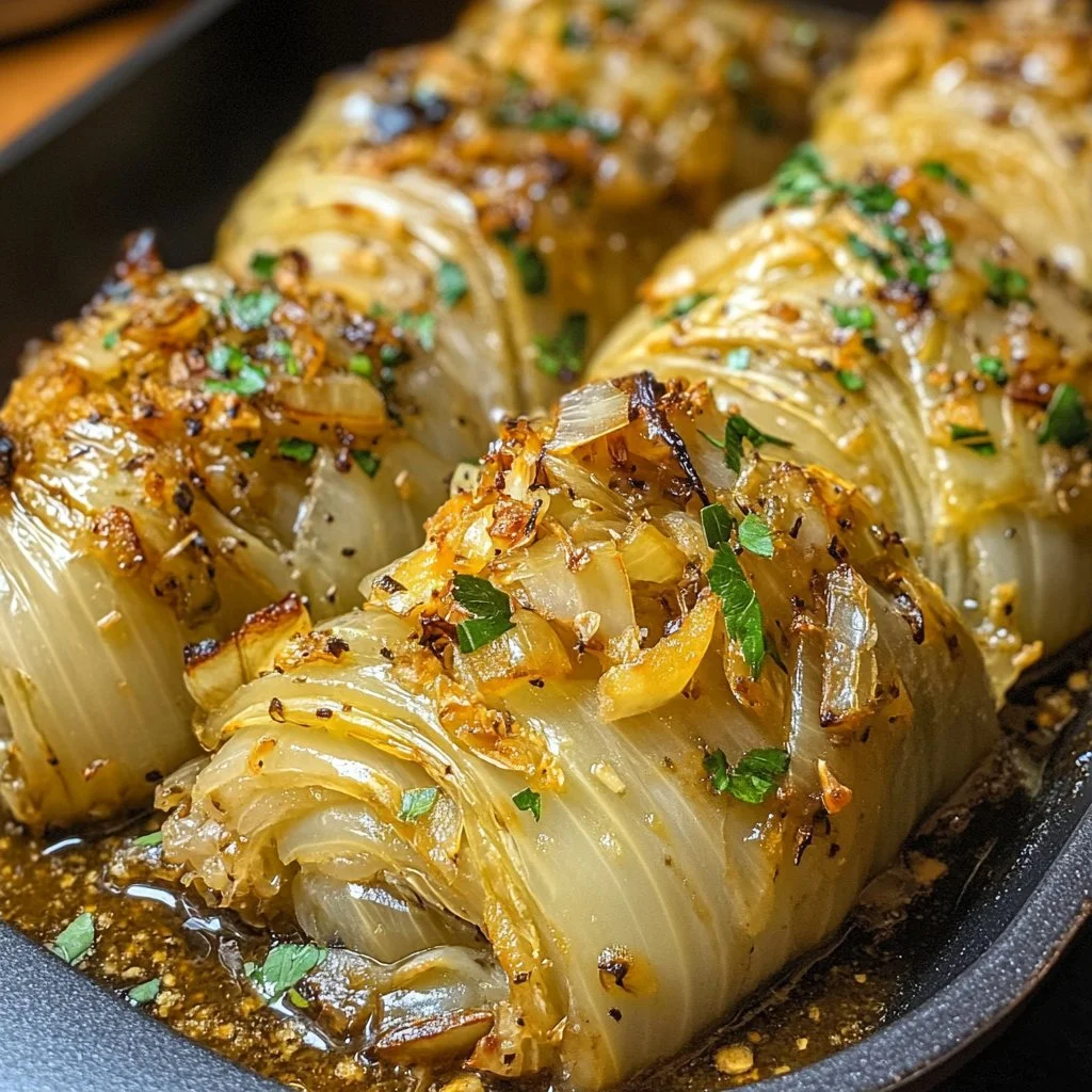 Easy roasted cabbage drizzled with onion Dijon sauce on a plate