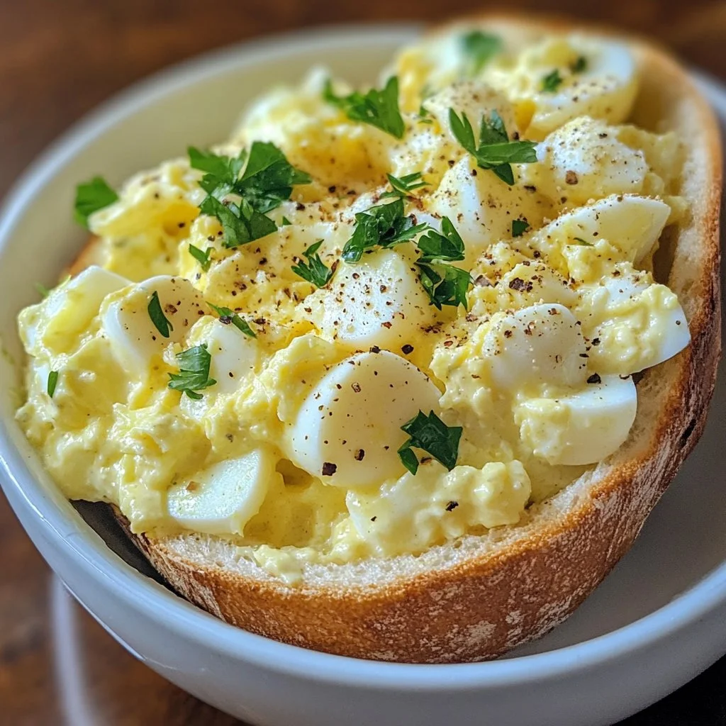 Delicious homemade egg salad served in a bowl with fresh herbs
