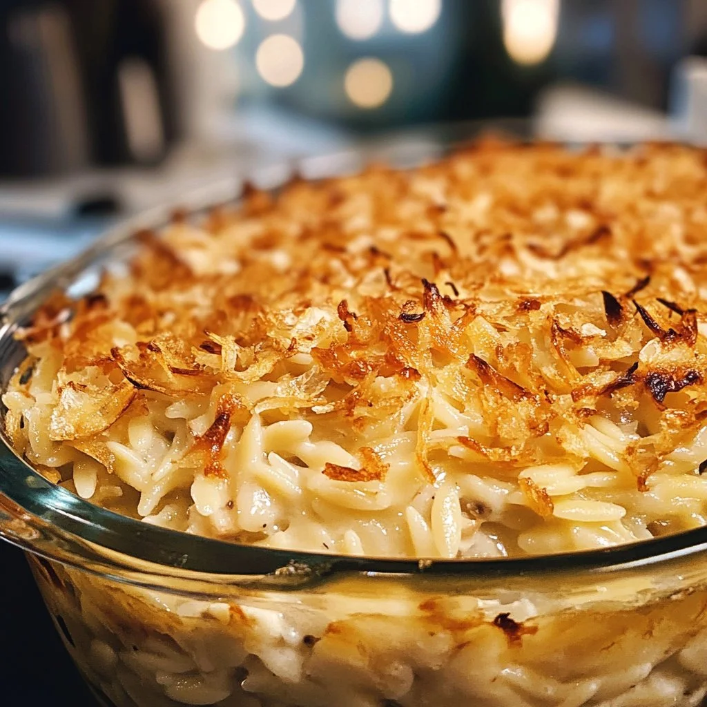 Delicious French onion chicken orzo casserole topped with melted cheese