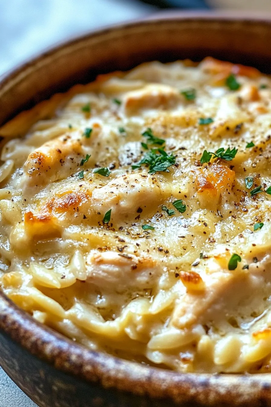 French Onion Chicken Orzo Casserole