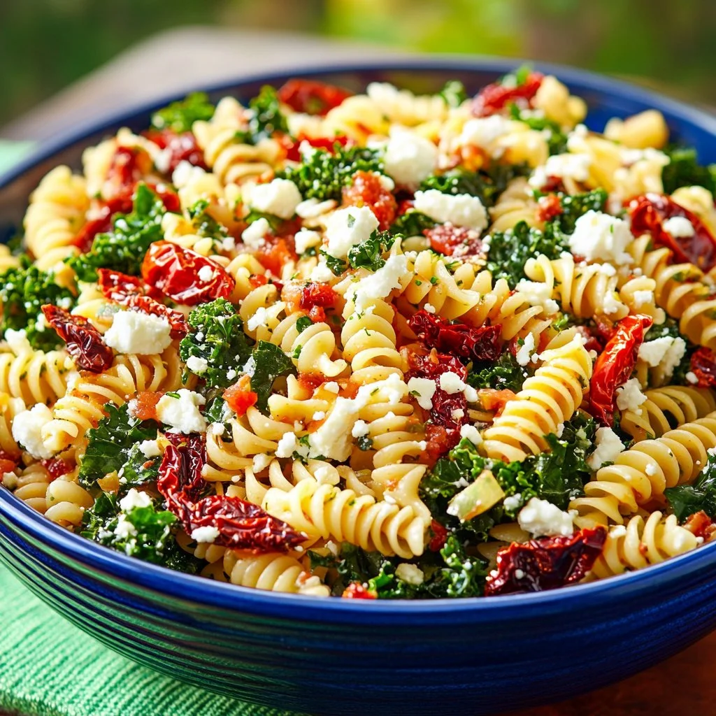 Fresh Mediterranean Pasta Salad with vegetables and dressing in a bowl