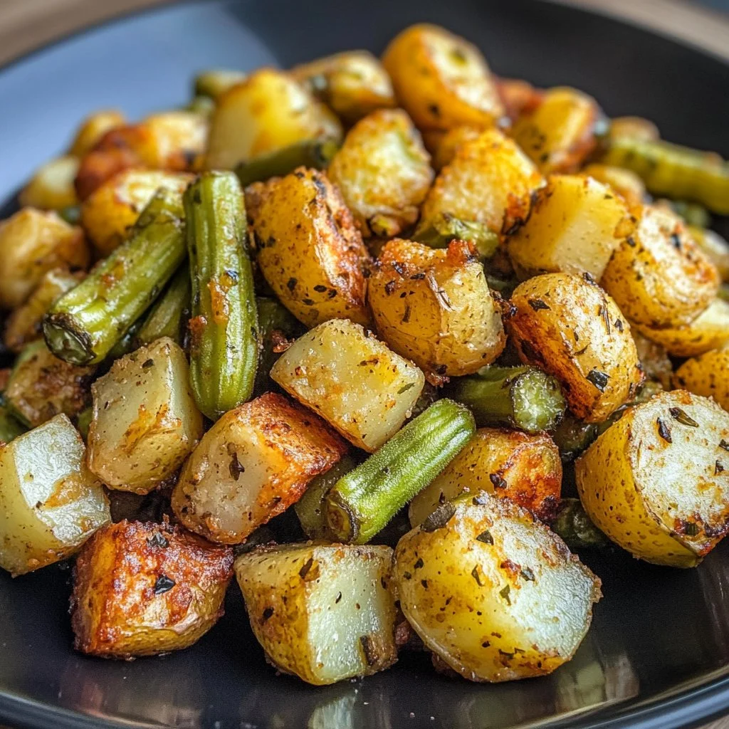 Crispy fried okra and potatoes served on a plate with dipping sauce
