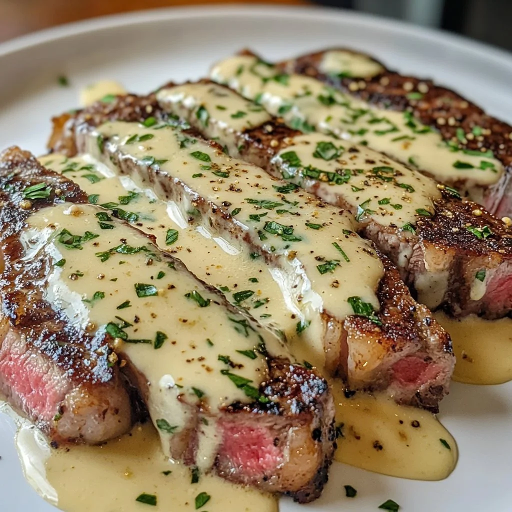 Delicious Garlic Butter Steak served with creamy Parmesan sauce on a plate.