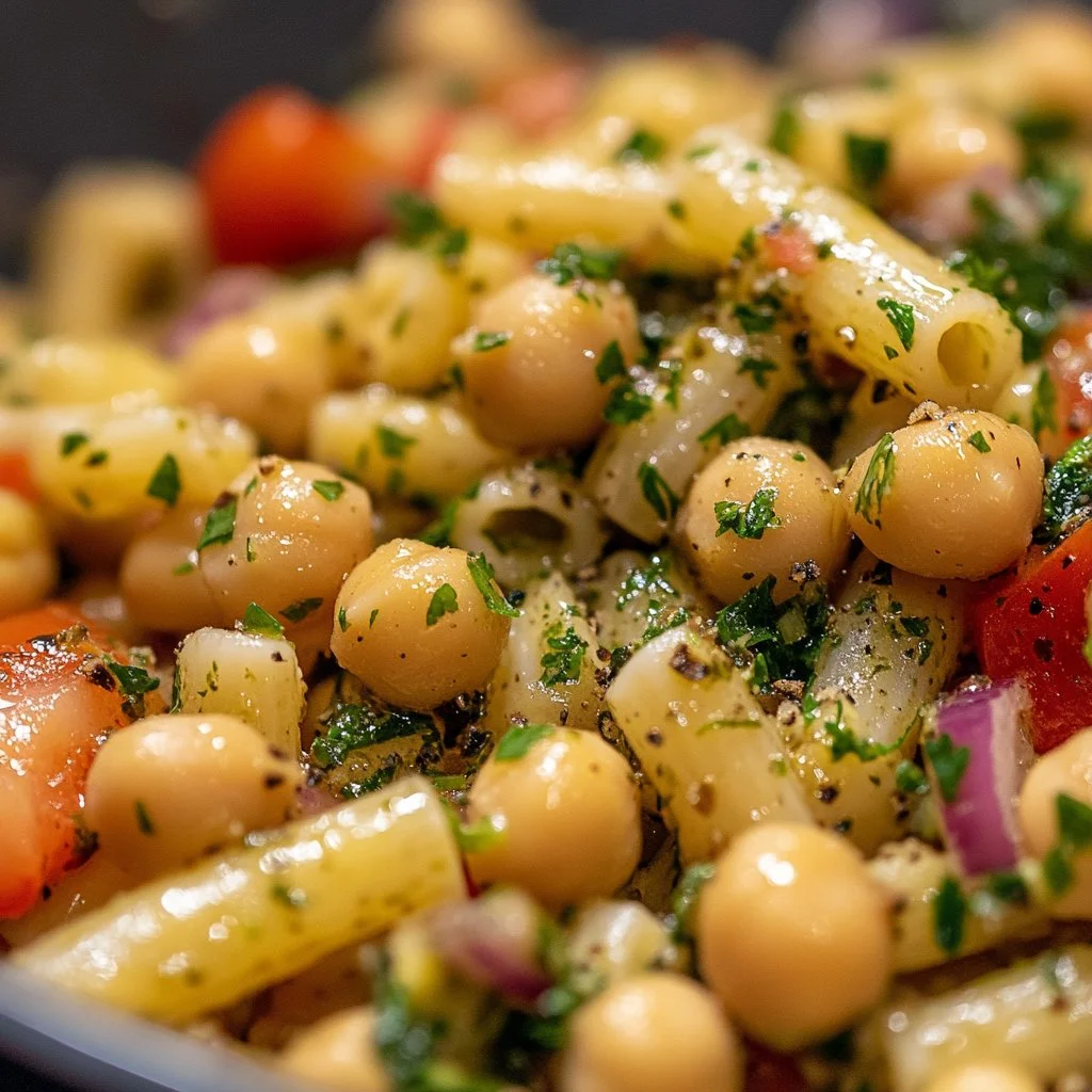 Greek Pasta Salad with vegetables and feta cheese in a bowl