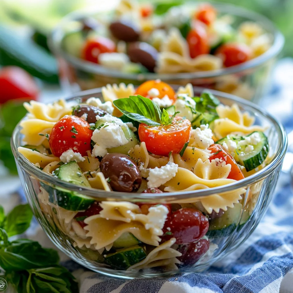Delicious Greek Pasta Salad with fresh vegetables, feta cheese, and olives.