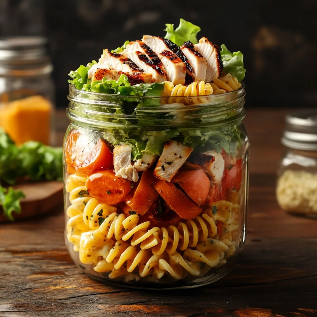Grilled Chicken Caesar Pasta Salad jars ready for a delicious meal