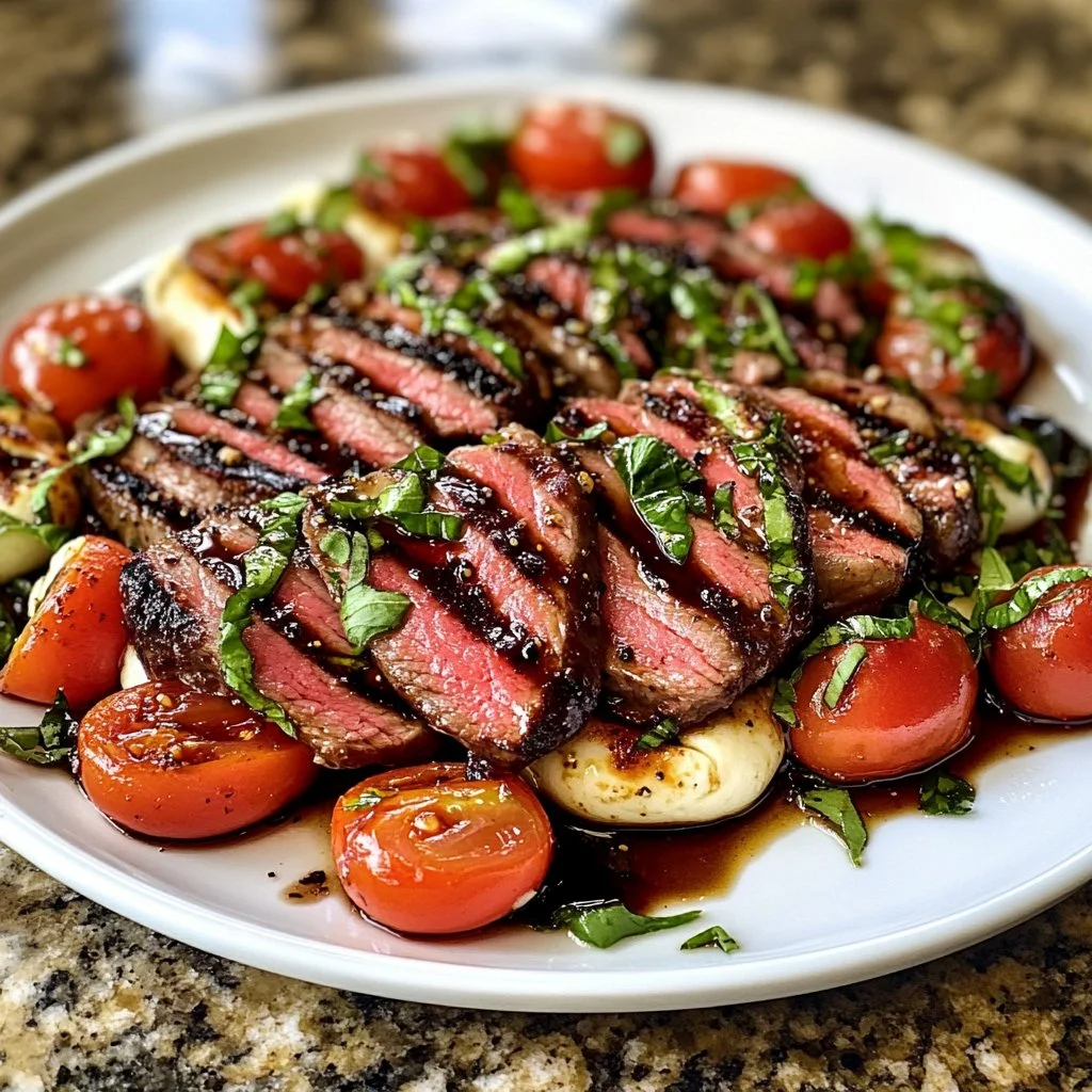Grilled flank steak caprese topped with fresh mozzarella, tomatoes, and balsamic dressing