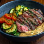 Grilled Steak Bowl with Creamy Sauce & Grilled Zucchini