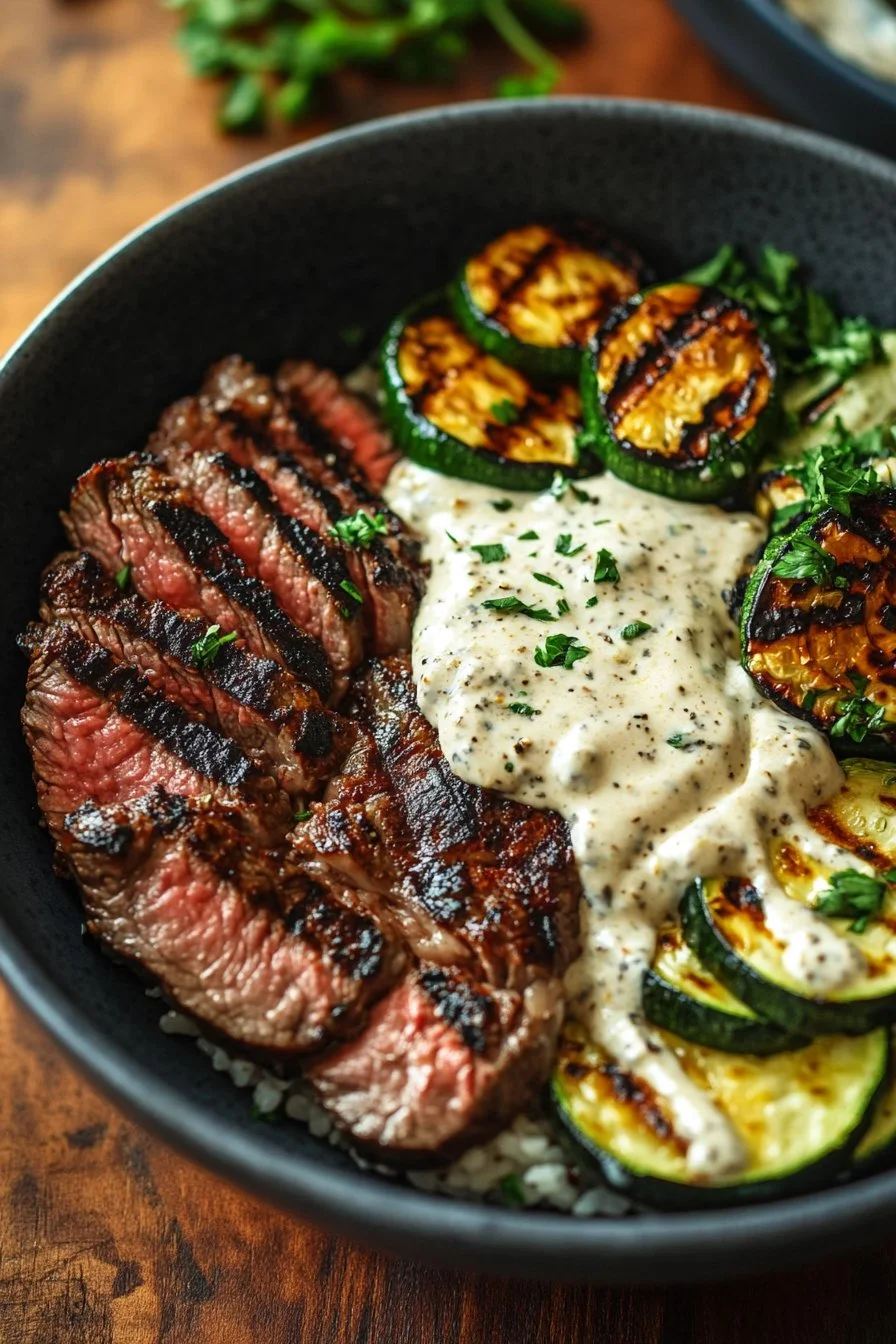 Grilled Steak Bowl with Creamy Sauce & Grilled Zucchini