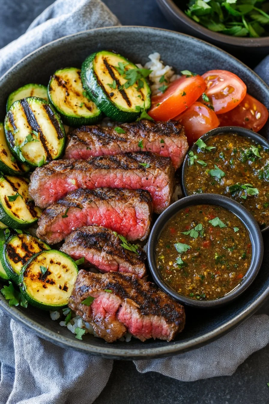 Grilled Steak Bowl with Sauce & Grilled Zucchini Bliss