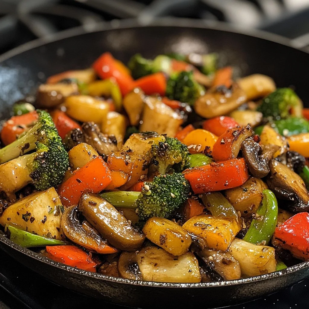 Colorful sautéed vegetables in a pan, showcasing a healthy recipe.