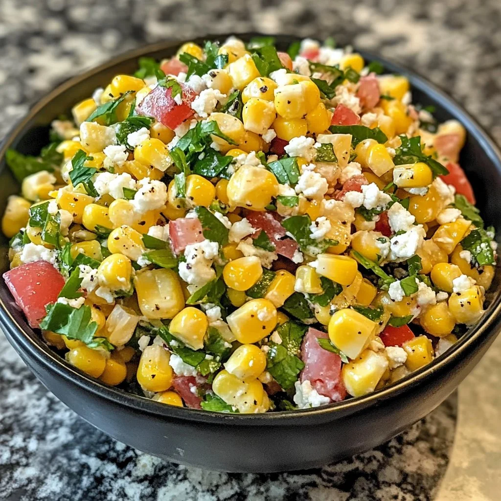 Healthy street corn salad made with fresh corn, Greek yogurt, and herbs.