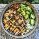 Lemon Chili Grilled Chicken Bowls with Fresh Cucumber Salad & Hummus