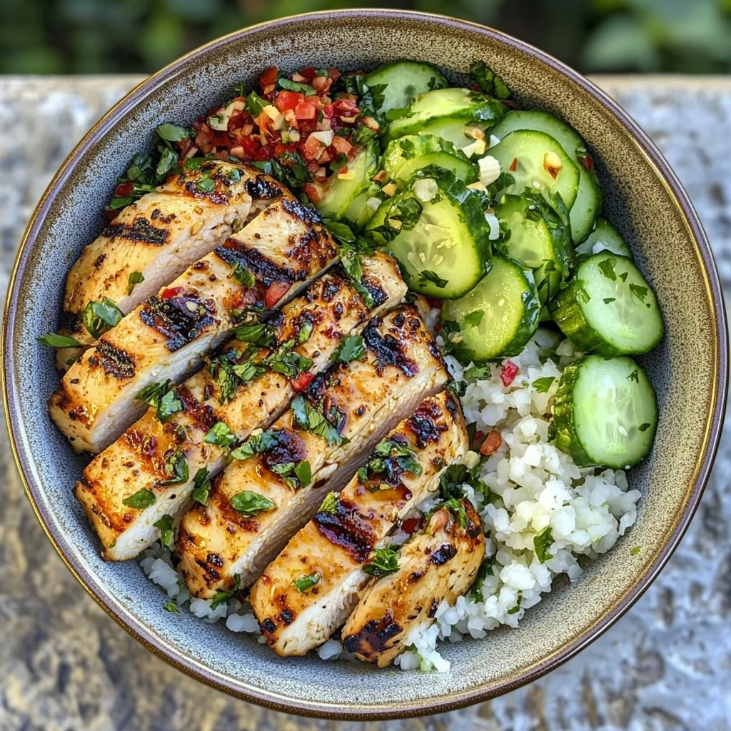 Lemon Chili Grilled Chicken Bowl served with Cucumber Salad and Hummus