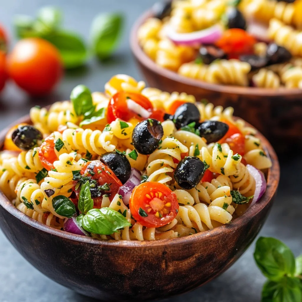 Lemon Herb Mediterranean Pasta Salad with fresh vegetables and herbs.