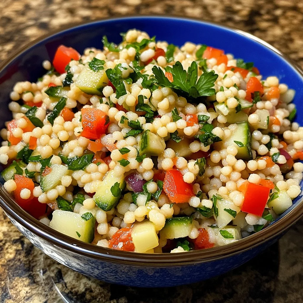 Mediterranean Israeli couscous salad with fresh vegetables and herbs