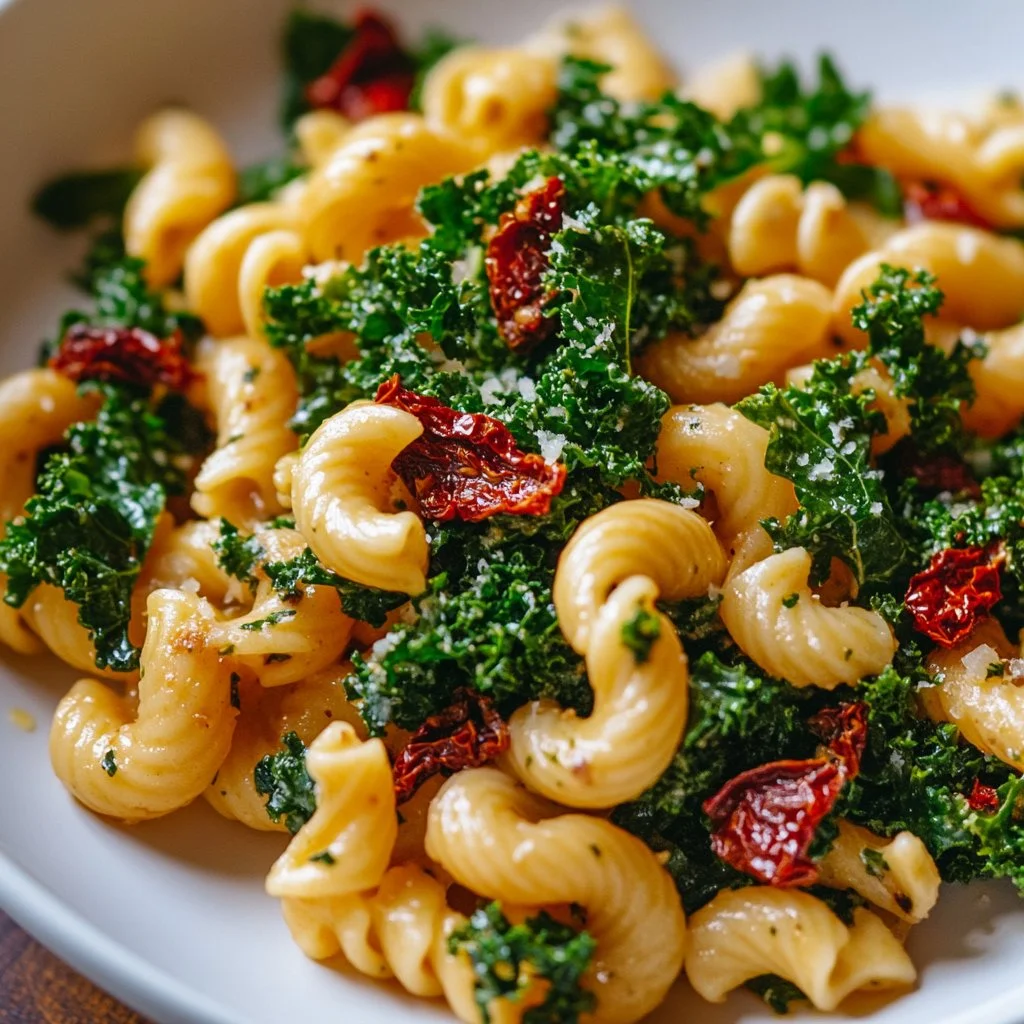 Mediterranean Kale Pasta Salad with colorful vegetables and pasta