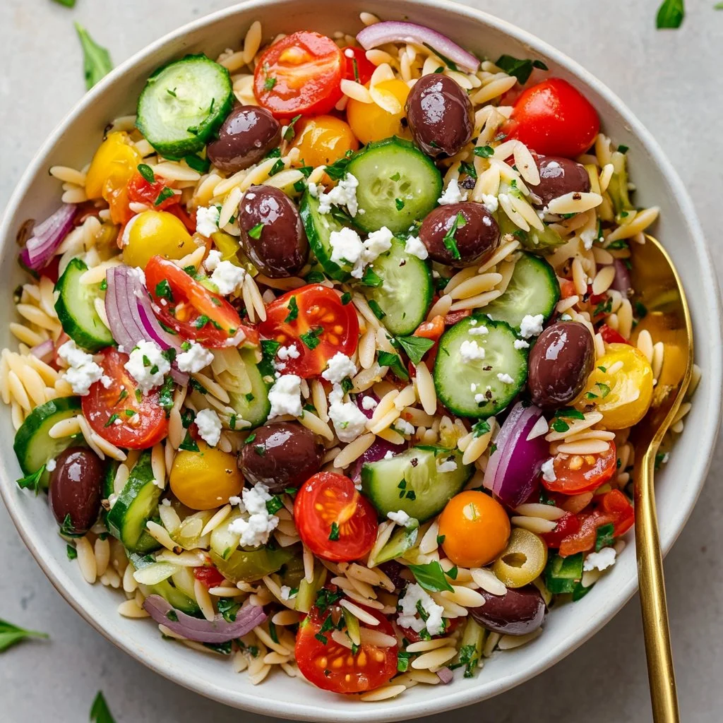 Mediterranean Orzo Salad with Feta, colorful ingredients in a bowl.
