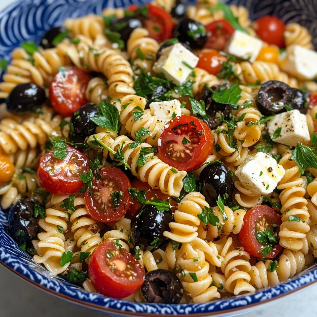 Colorful Mediterranean Pasta Salad with olives, cherry tomatoes, and feta cheese