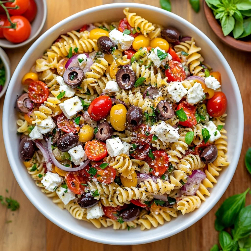 Colorful Mediterranean Pasta Salad with vegetables and dressing