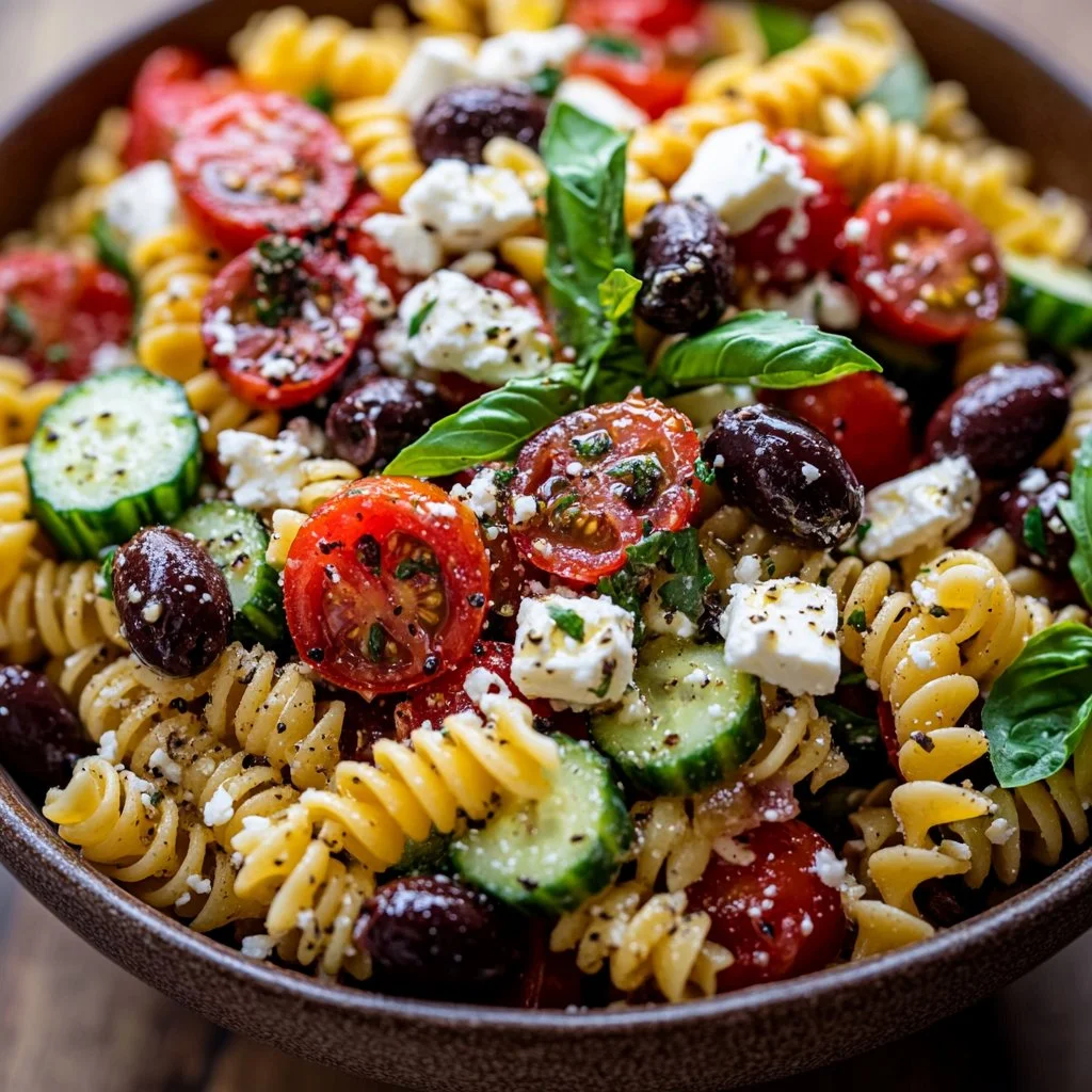 Delicious Mediterranean Pasta Salad with colorful vegetables and olives