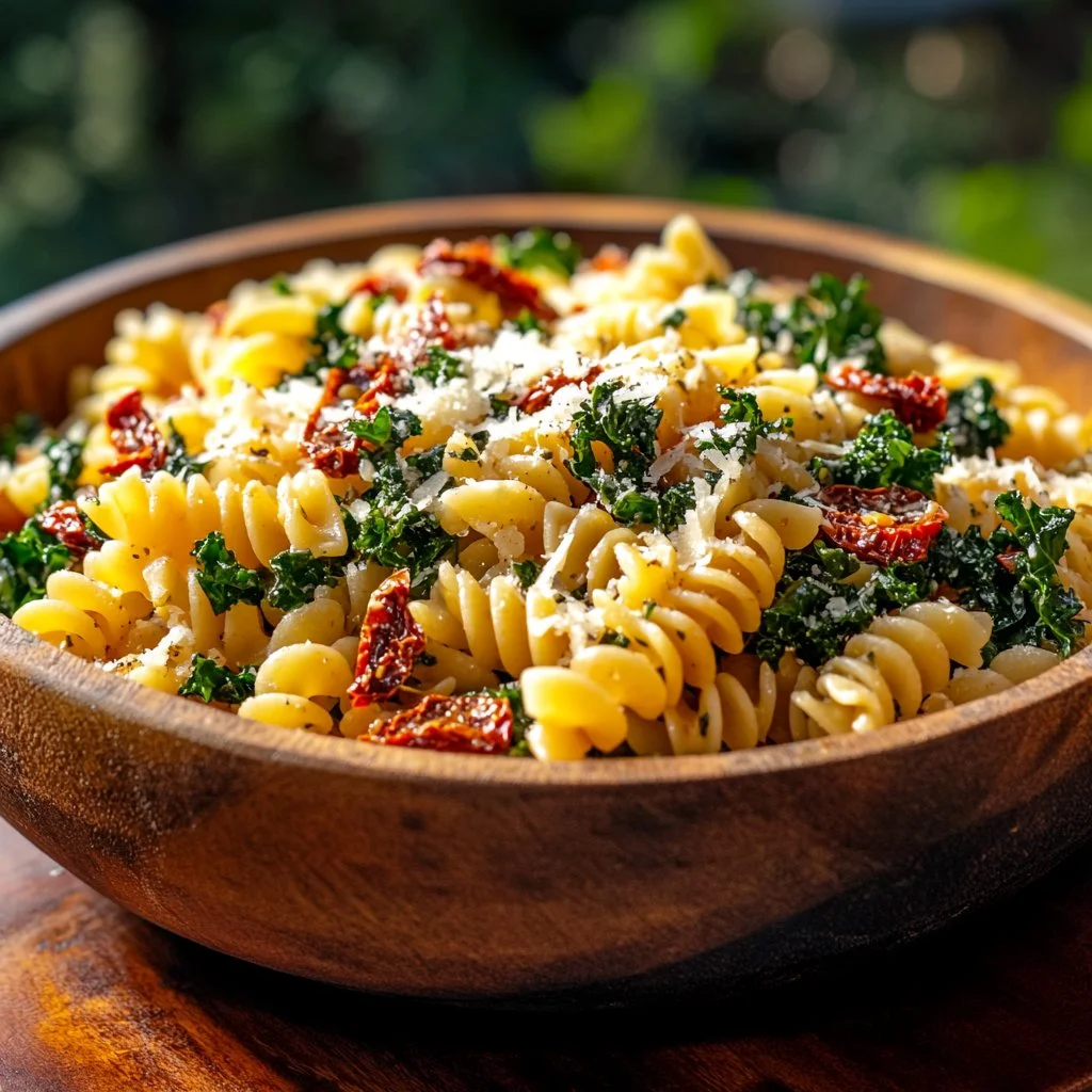 Colorful Mediterranean Pasta Salad with olives, tomatoes, and feta cheese
