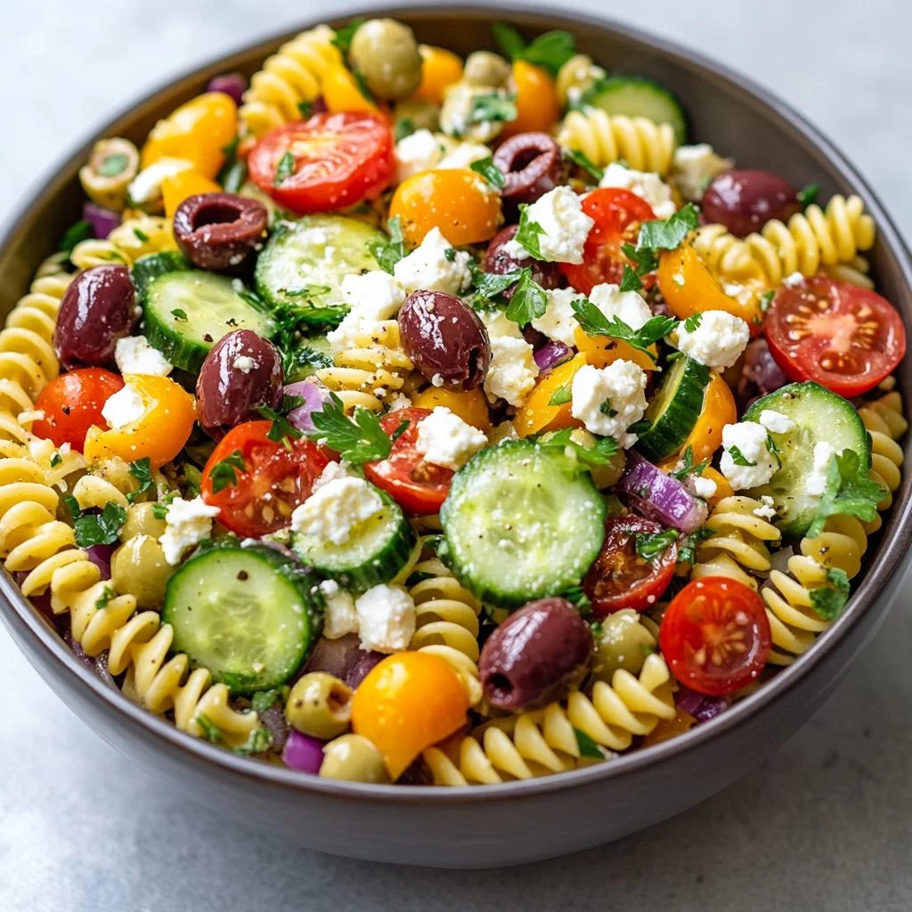 Colorful Mediterranean Pasta Salad with vegetables, olives, and feta cheese.