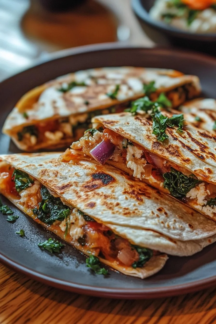 Mediterranean Quesadillas with Spinach, Feta, Mozzarella, and Red Onion