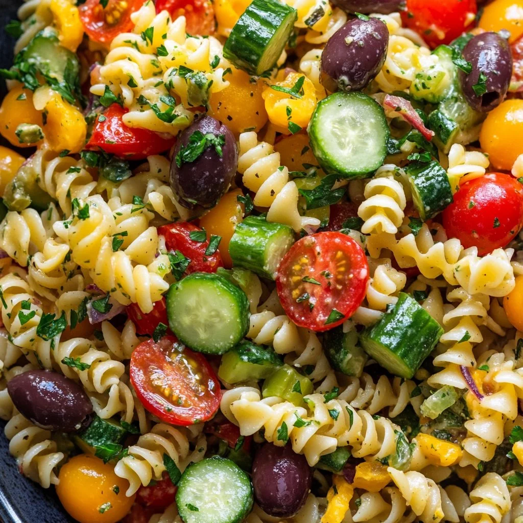 Olive Garden-inspired pasta salad with vegetables and dressing served in a bowl