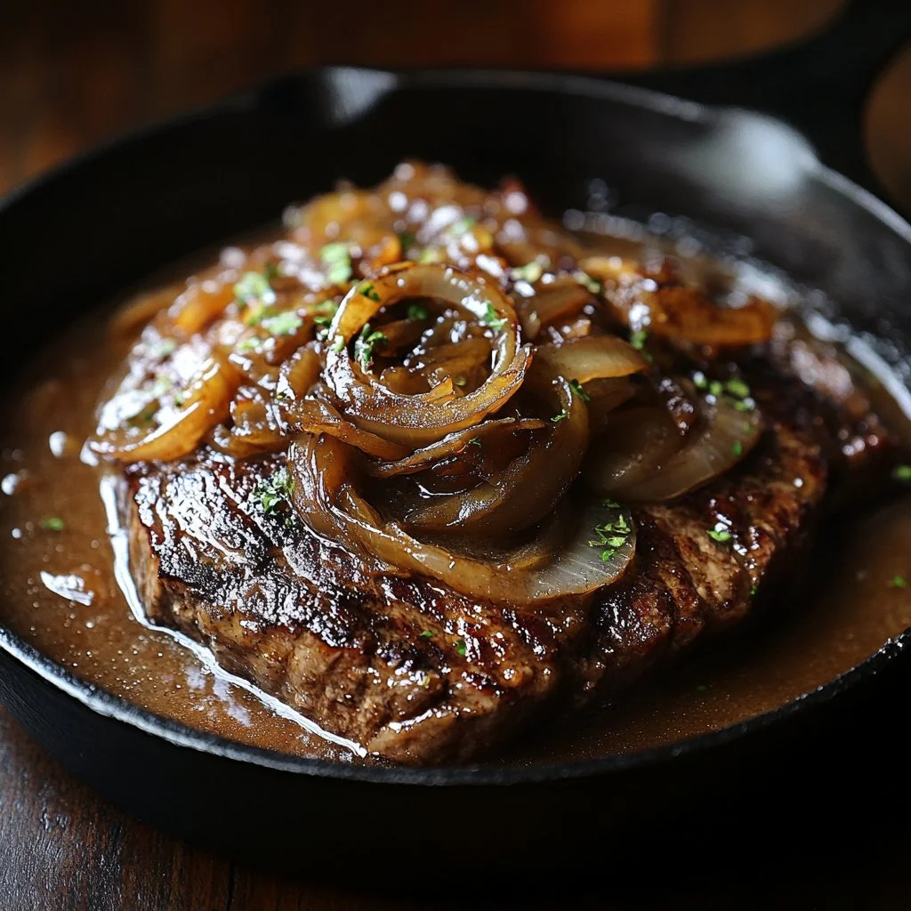 Delicious onion gravy smothered steak served with sides