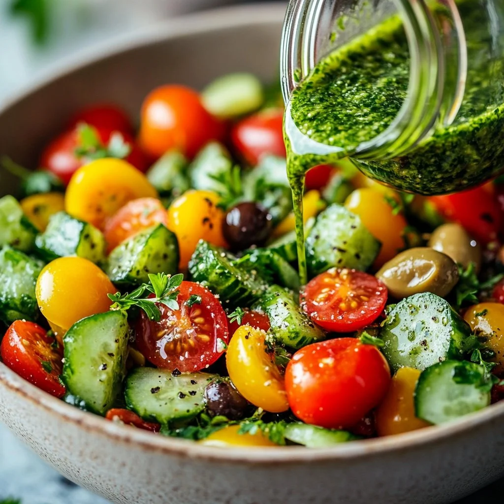 colorful orzo pasta salad with vegetables and dressing in a bowl