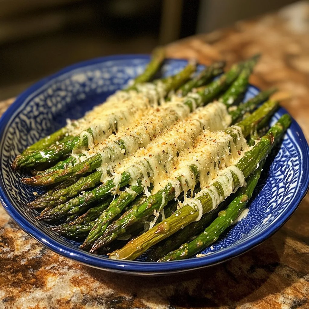 Oven-roasted Parmesan asparagus garnished and ready to serve