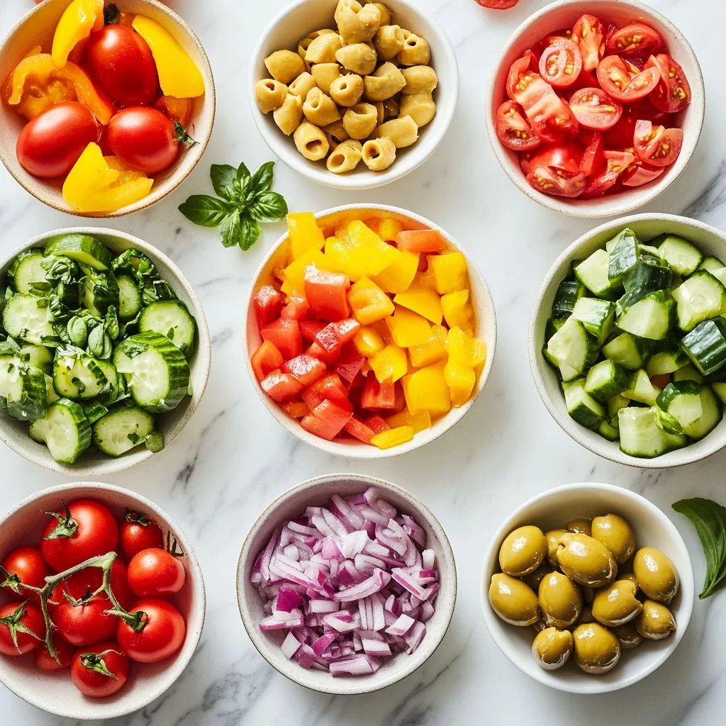 Colorful Mediterranean pasta salad with vegetables and olives in a bowl