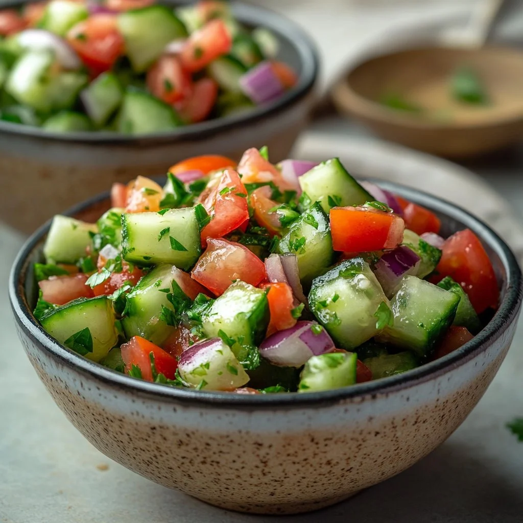 Fresh Italian cucumber salad with tomatoes and herbs in a bowl
