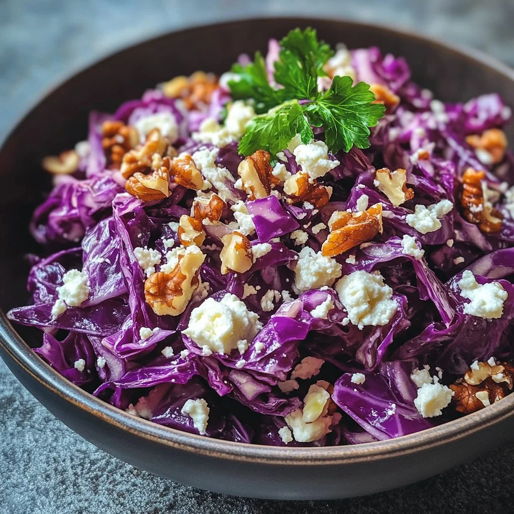 Colorful Red Cabbage Salad with walnuts and vegan feta served in a bowl
