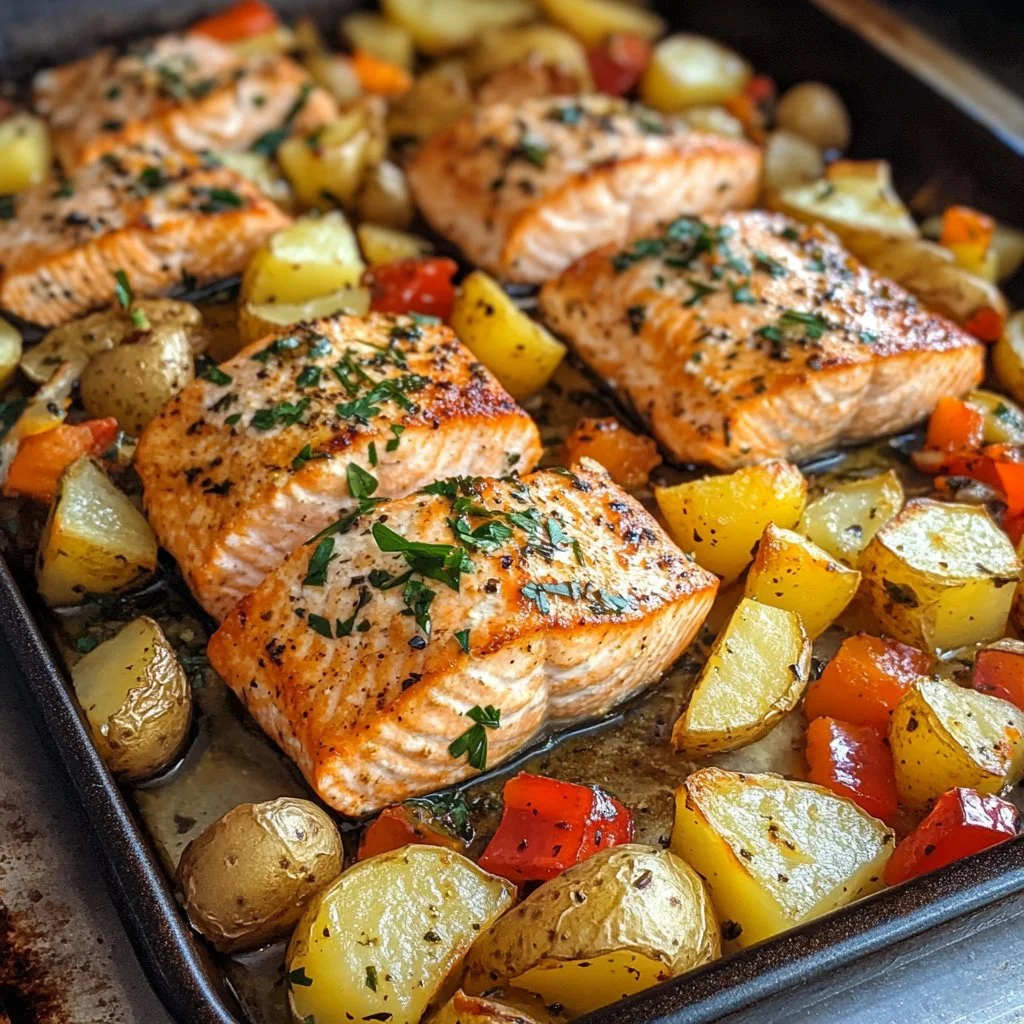 Baked sheetpan salmon with potatoes and mixed vegetables