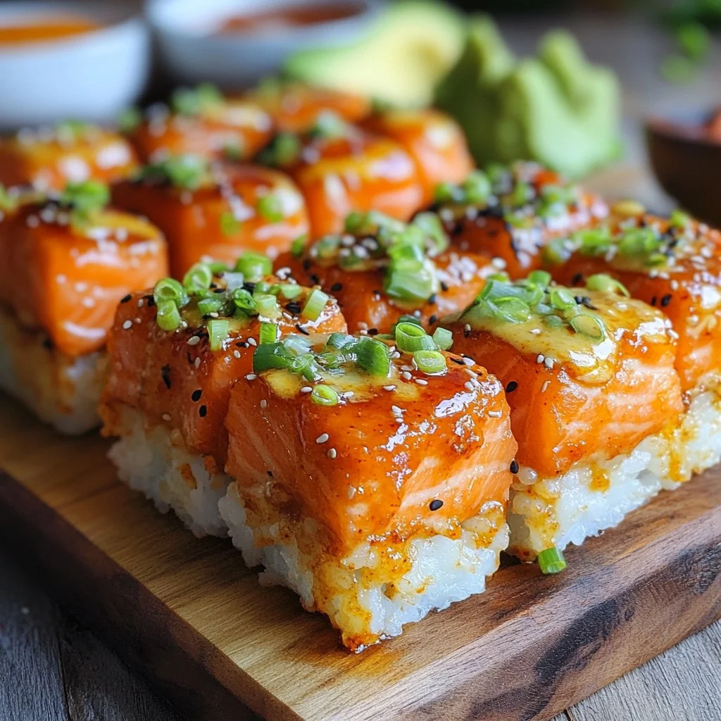 Delicious spicy salmon sushi bake dish, topped with creamy sauce and green onions