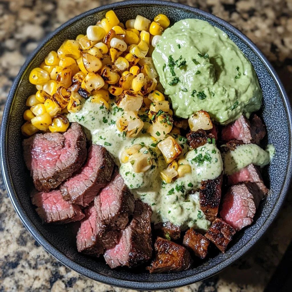 Steak, Avocado, and Roasted Corn Bowl with Cilantro Cream Sauce