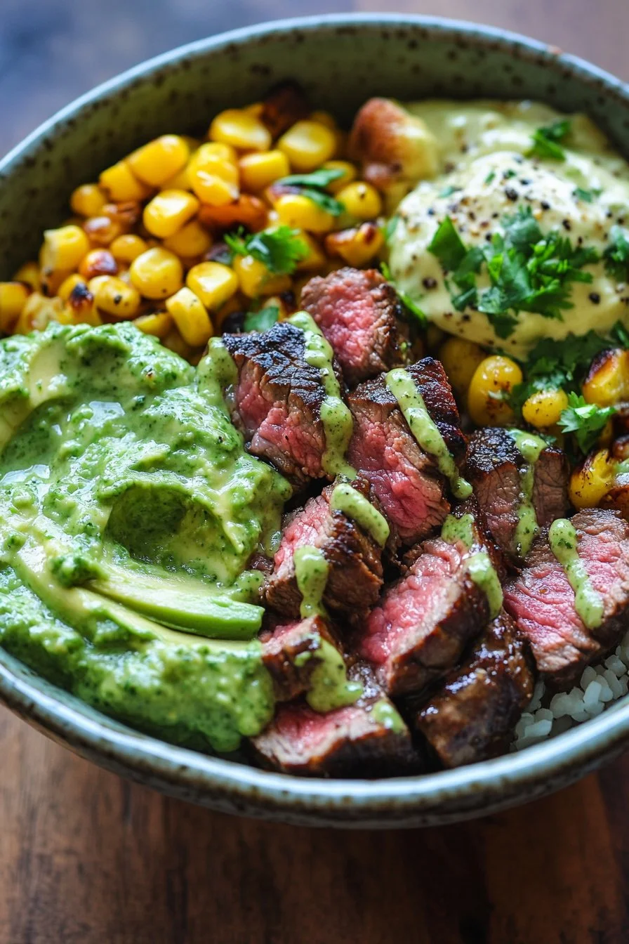 Steak, Avocado, and Roasted Corn Bowl with Cilantro Cream Sauce