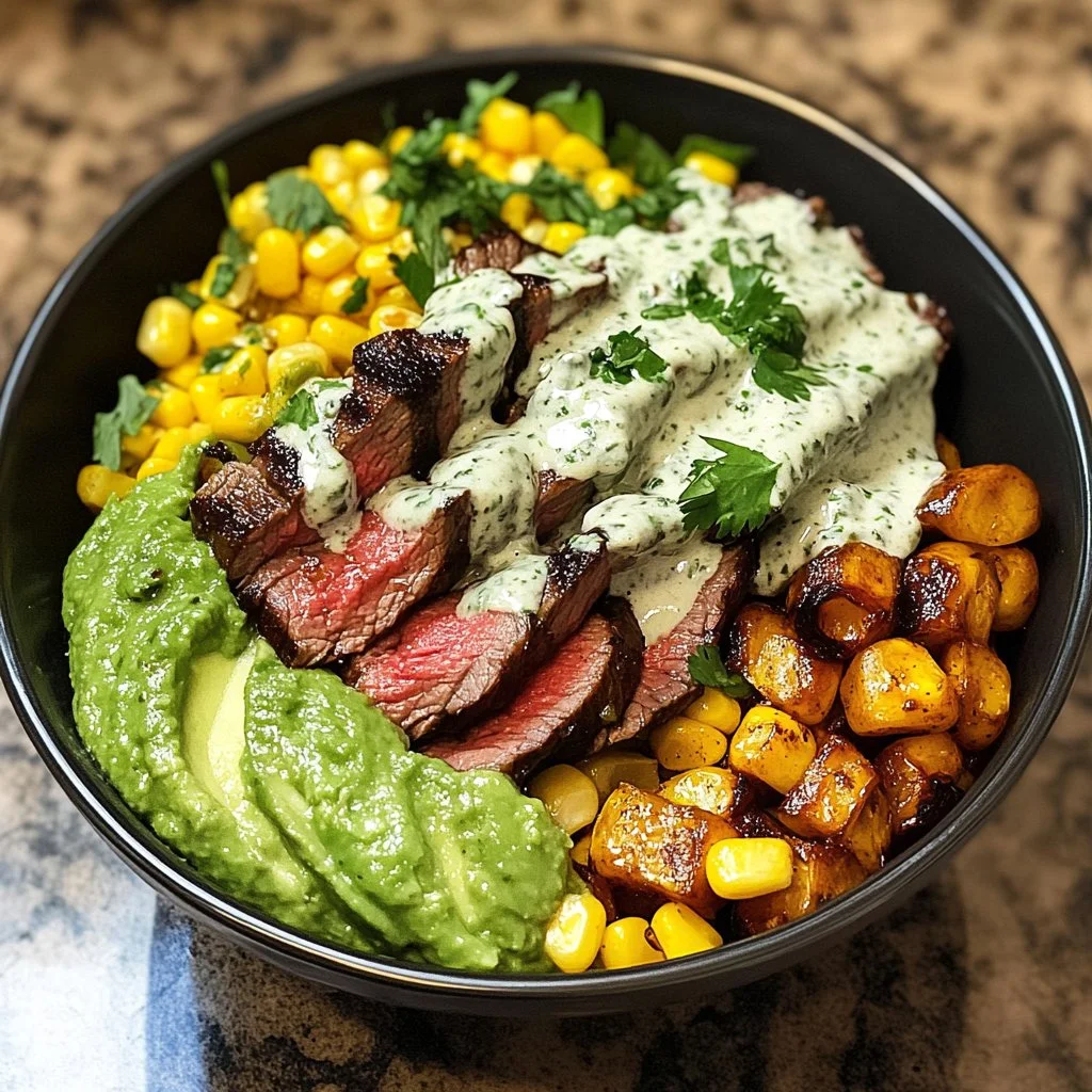 Steak Avocado and Roasted Corn Bowl with Cilantro Cream Sauce