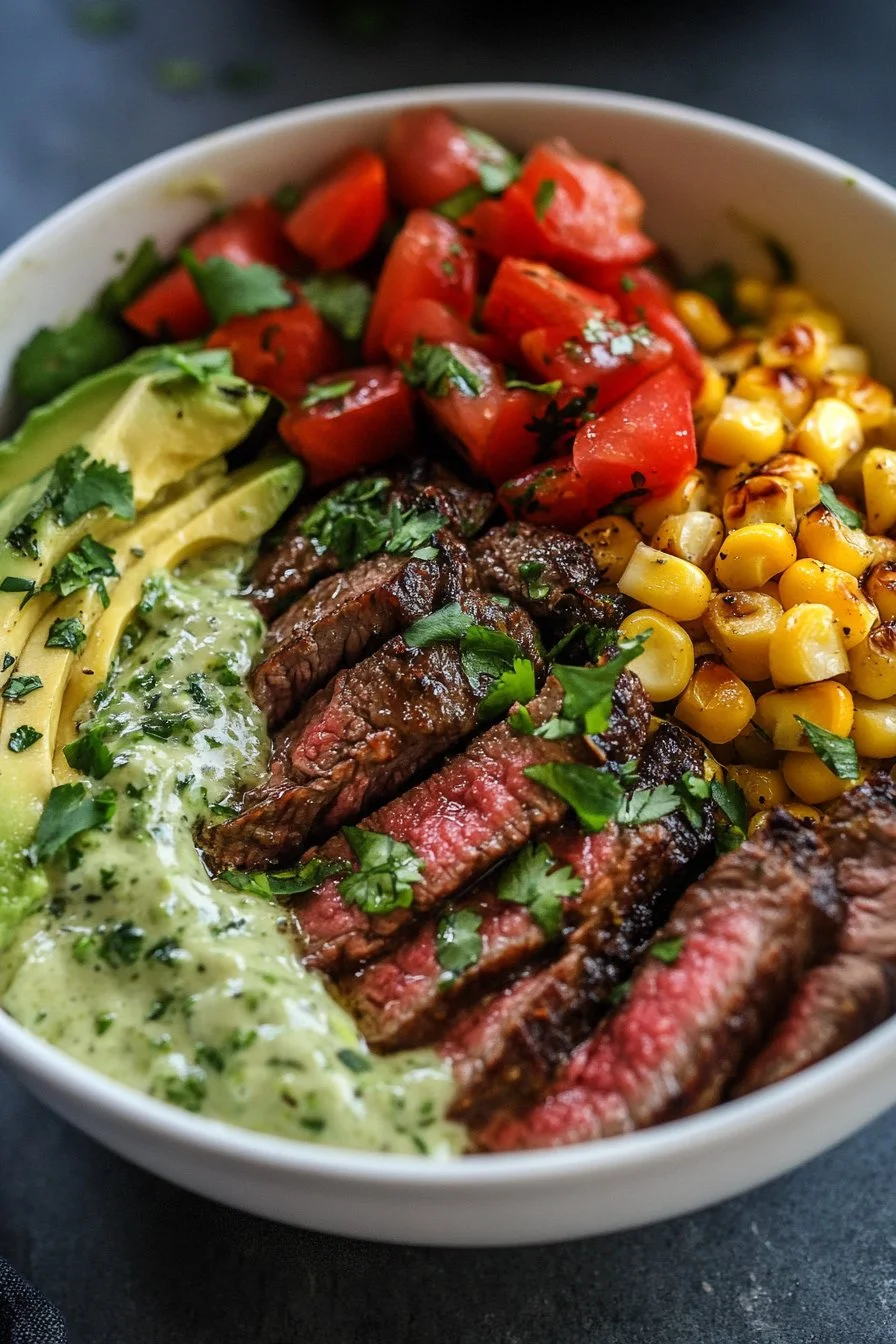 Steak Avocado and Roasted Corn Bowl with Cilantro Cream Sauce