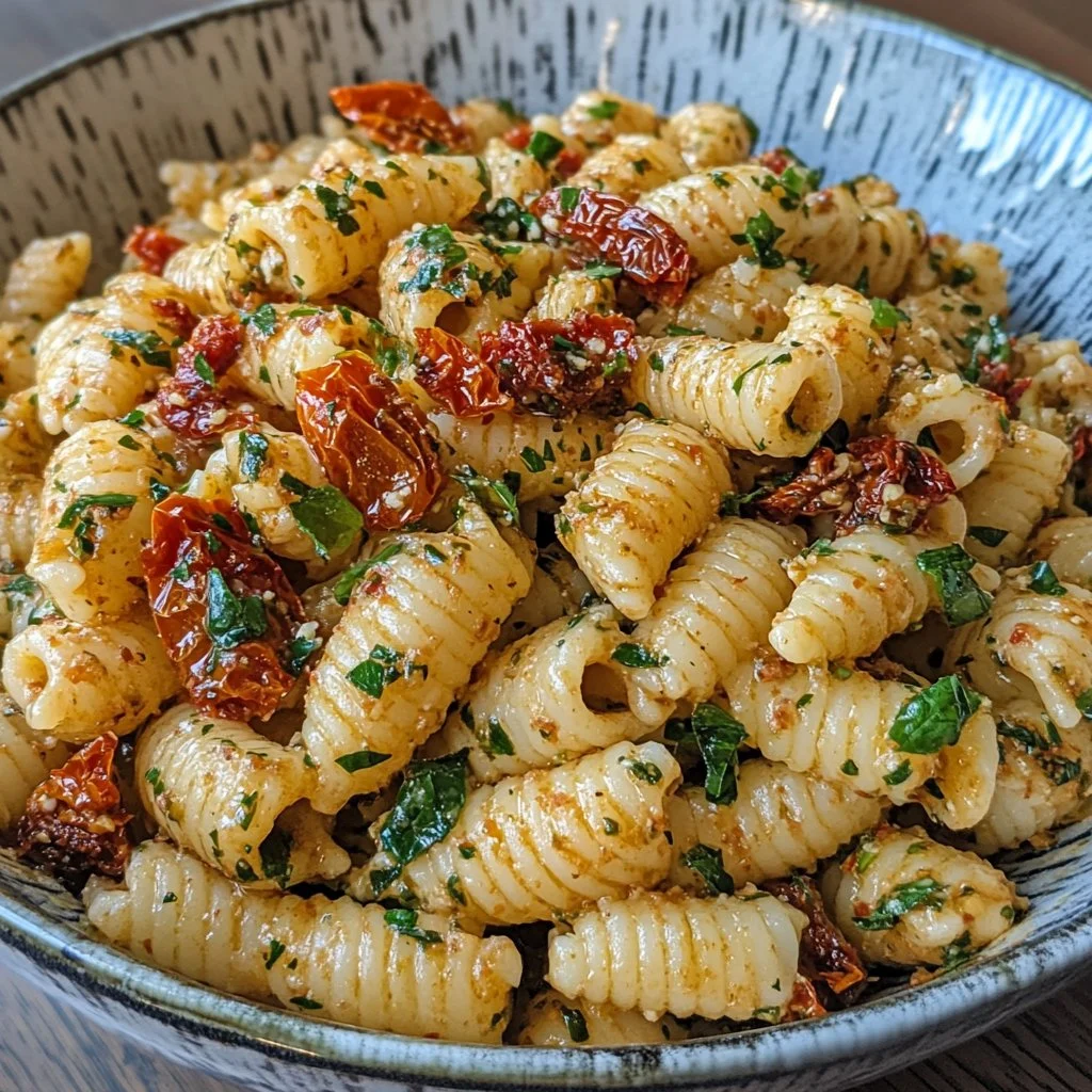 Sundried tomato pasta salad with fresh vegetables and herbs