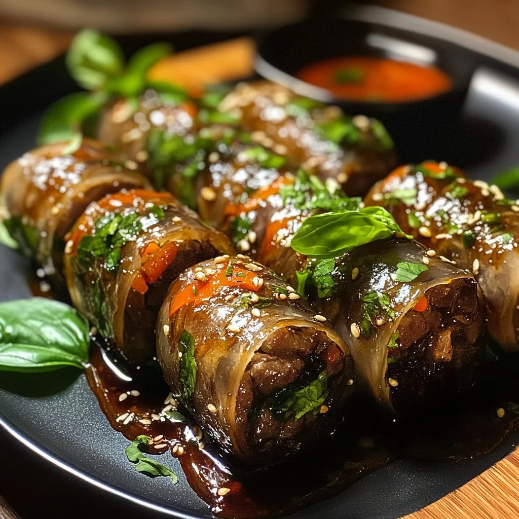 Delicious Thai Basil Beef Rolls served with fresh herbs and spices