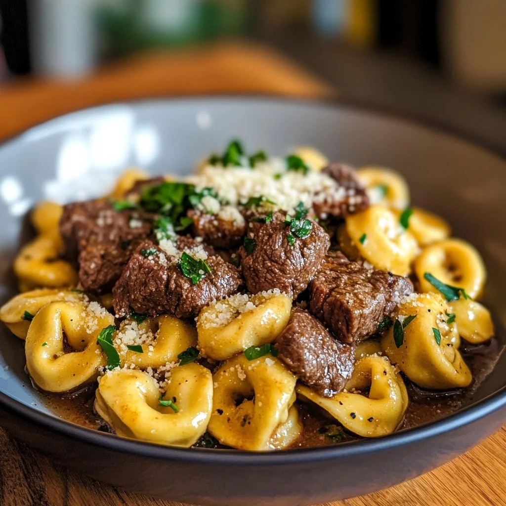 Delicious one-pan steak bite tortellini served with fresh herbs and parmesan.
