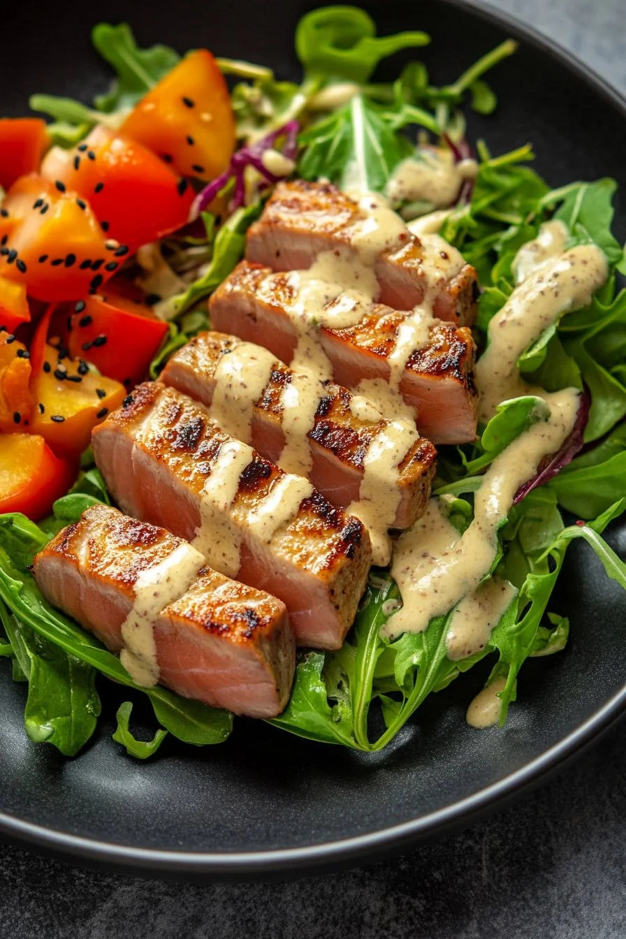Tuna Steaks with Creamy Garlic Sauce & Salad
