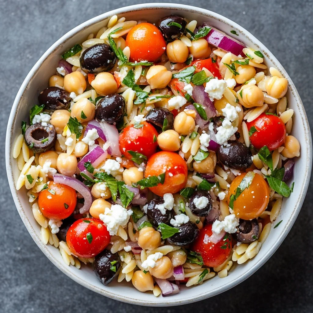 Colorful Vegetarian Mediterranean Orzo Salad with fresh vegetables and feta cheese