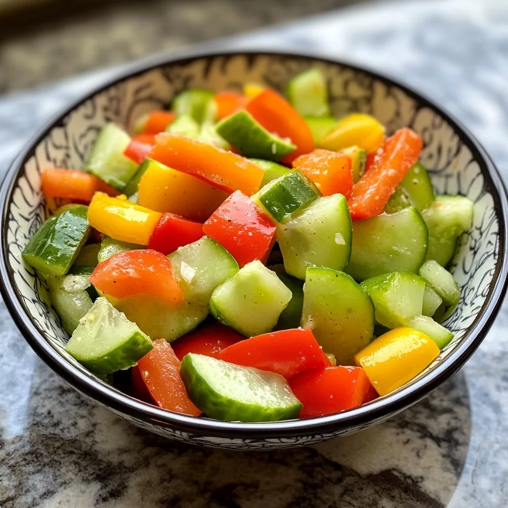 Viral TikTok cucumber and bell pepper salad served in a bowl with fresh herbs