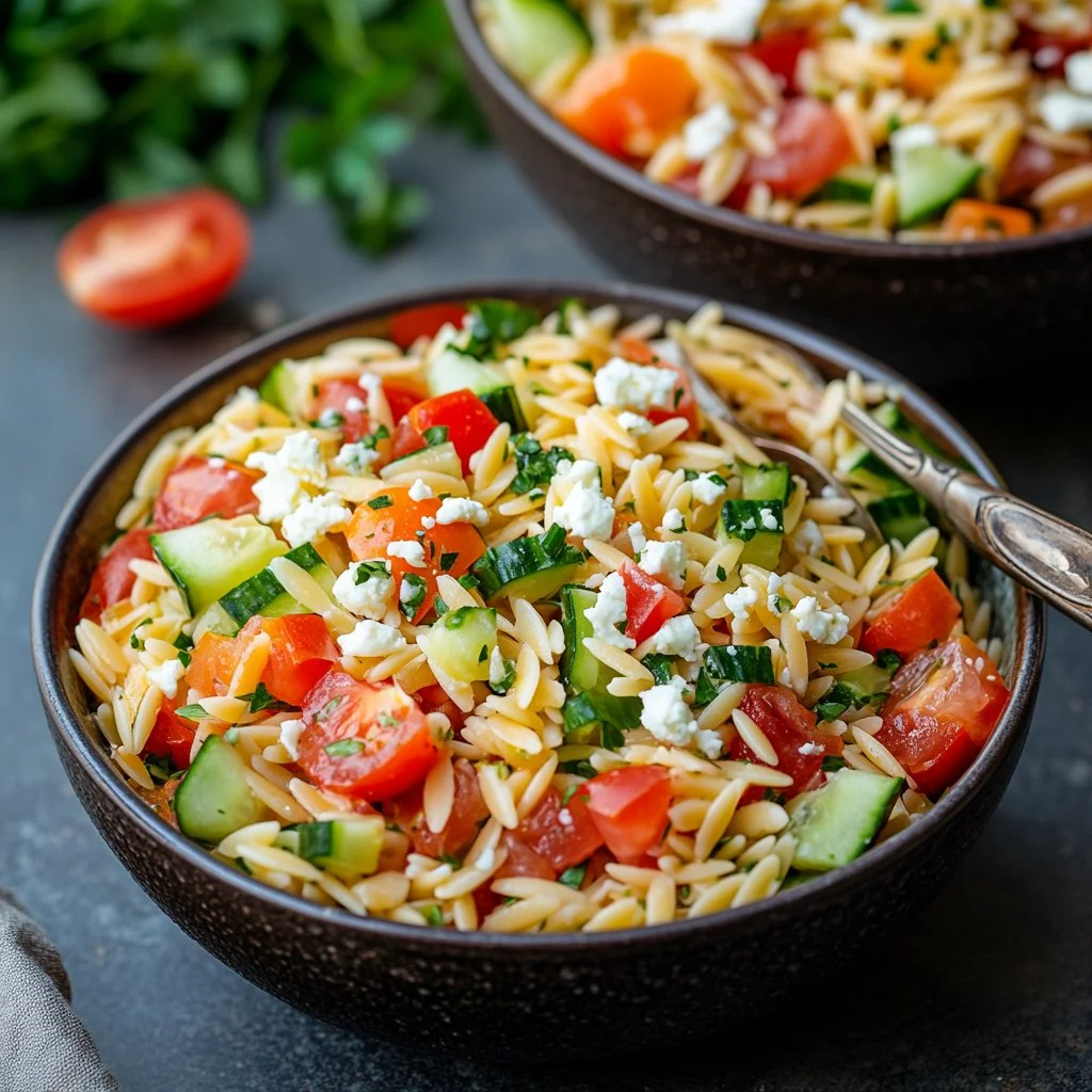 Zesty Lemon Orzo Pasta Salad with fresh herbs and vegetables
